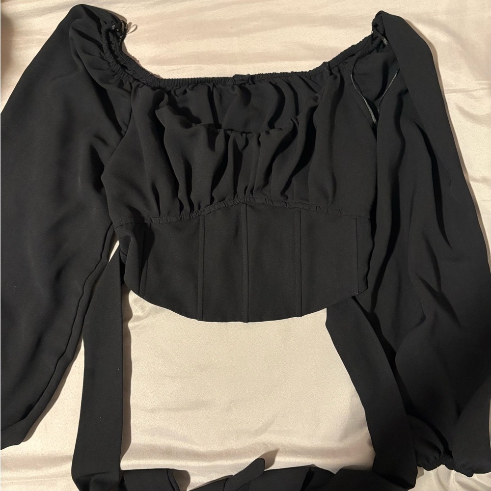 wild fable Black Puff-Sleeve Ruched Corset Crop Top